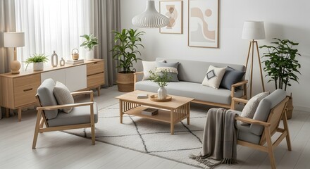 Comfortable living room features light wood furniture and gray accents, creating a calm atmosphere