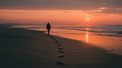 Person Walking on Beach at Sunset with Footprints