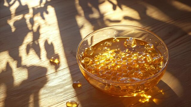 Honeycomb in glass bowl, sunlit wooden surface