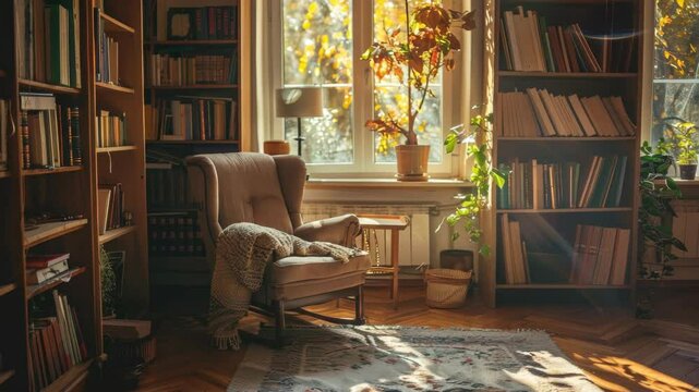 Cozy reading nook with warm sunlight and autumn vibes in a home library