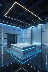 Obraz premium Stage With Futuristic Chrome Tech Elements and Glowing LED Podium in Phone Ratio Scene