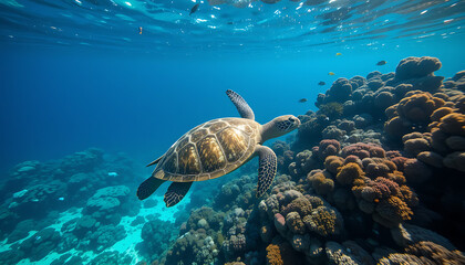 Obraz premium Sea turtle swimming near coral reef in clear blue ocean water, underwater view.