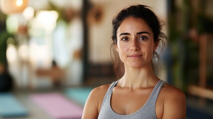 A South American woman in her early 30s stands confidently in a modern indoor setting, radiating wellness and a serene attitude. Perfect for fitness and lifestyle themes.