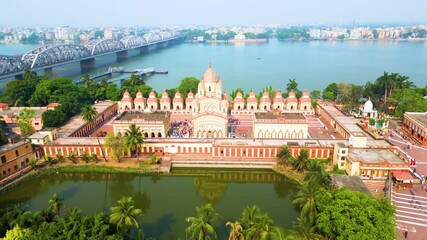Aerial view of Dakshineswar Kali Temple or Dakshineswar Kalibari, This is a Hindu navaratna style temple in Dakshineswar, Kolkata, West Bengal, India,