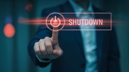 Futuristic shutdown moment as hand activates neon red power icon in glowing digital UI over bokeh-lit dark backdrop