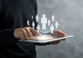 Man using tablet with people icons and network connections