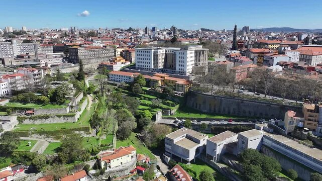 Park Of Virtues In Porto Portugal. Famous Botanical Garden Showing The Around The City. Business Sky Downtown Cityscape. Exterior Downtown Famous. Porto Portugal.