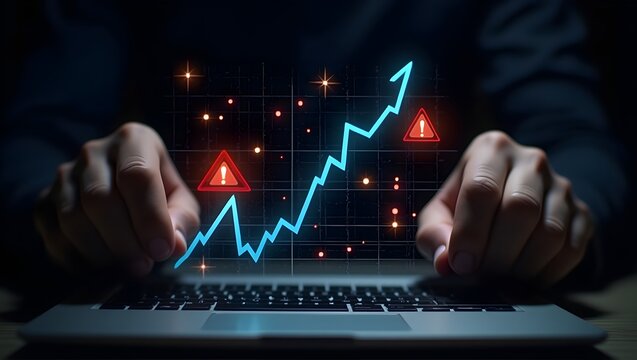 A male presenter analyzing data trends on a laptop, symbolizing growth and warning indicators in a digital workspace.