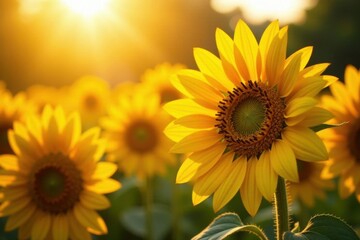 Obraz premium Close-up, sunlit sunflowers against patterned wallpaper, wallpaper pattern, image, art