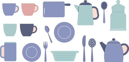 Pastel Kitchenware Collection Cups, Teapots, Plates, and Utensils