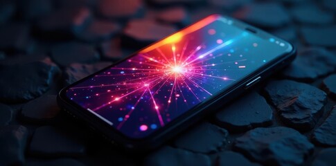 Cracked smartphone screen, grid overlay, black background , broken glass, technology, texture