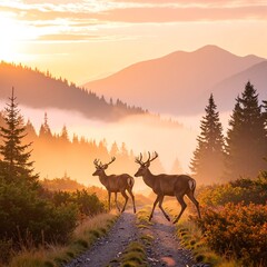 Naklejka premium Two graceful deer stroll along a winding forest trail, surrounded by lush greenery and dappled sunlight filtering through the trees.