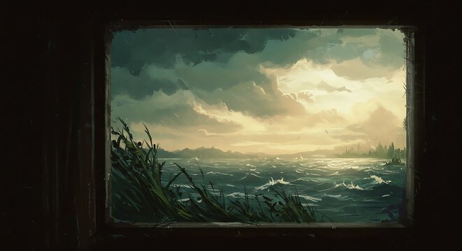 A view of a stormy sea and cloudy sky through a window with grass in the foreground.
