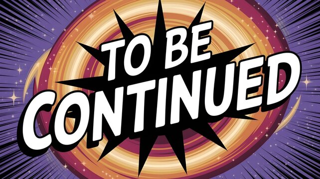 Retro Comic Style &ldquo;To Be Continued&rdquo; Text with Colorful Burst Background and Dramatic Halftone Pop Art Effect, Perfect for Storytelling, Series, Suspense, and Graphic Novel Concepts