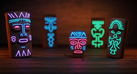 Neon-lit tiki masks arranged on a dark wooden surface, glowing with vibrant colors.