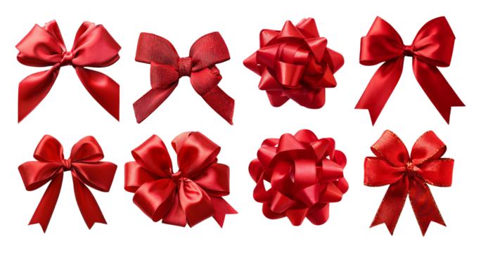 Collection of Various Red Bows for Gift Wrapping and Decoration, isolated on transparent background