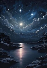 Serene Night Moonlit Lake, Starry Sky, and Tranquil Landscape