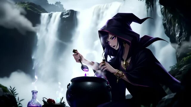 A witch in a purple cloak stirs a potion with a waterfall background