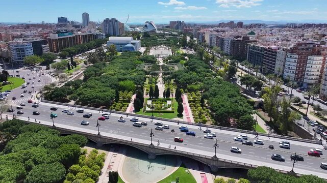 Turia Gardens In Valencia Spain. Drone Captures A Garden With Sidewalks Surrounded By Lush Trees. Town Sky Backgrounds Urban. Town Outside Downtown Panning Wide. Valencia Spain.