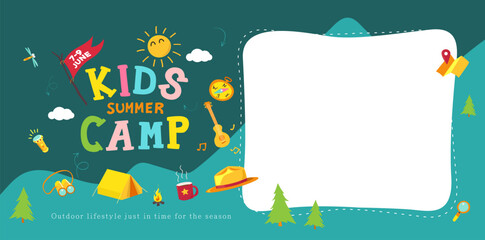 Colorful summer camp banner with cartoon kids elements forest icons and blank area for text perfect for event promotion poster or social media layout