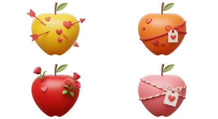 Colorful apples decorated with hearts arrows and bows