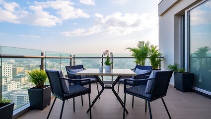 Obraz premium Balcony dining setup, modern chairs and table, stylish outdoor living space