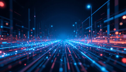 A futuristic cityscape rendered with glowing lines and particles, creating a digital environment.