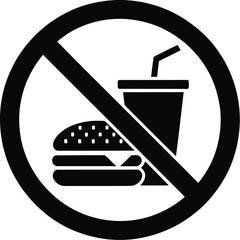 Black no junk food symbol featuring burger and soda with straw inside