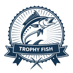 Design a vintage-style emblem featuring a trophy fish, incorporating a banner with the year 1958.  Include detailed fish scales and a classic font.