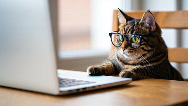 Playful cat wearing glasses working at a desk in front of a laptop, concentrating on the screen in a modern workspace. Pet-themed content for tech.
