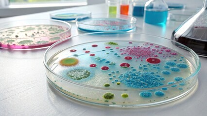 Colorful Petri Dishes Containing Microbial Cultures in Science Laboratory Setup
