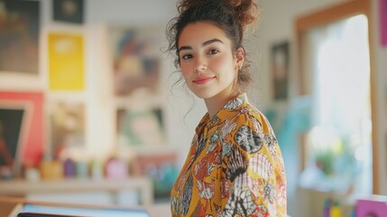A young Hispanic female graphic designer poses confidently in her vibrant studio, embodying creativity and modern style in a colorful workspace filled with art.