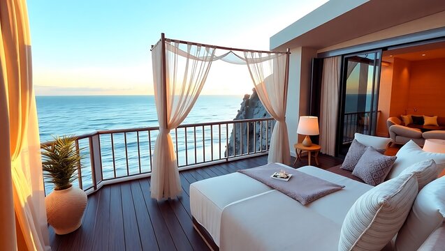 Balcony lounge with canopy daybed, soft curtains, ocean soundscape, warm tones, 3D render