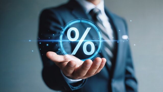 Percentage symbol glowing above business hand in digital style with teal background and floating data particles