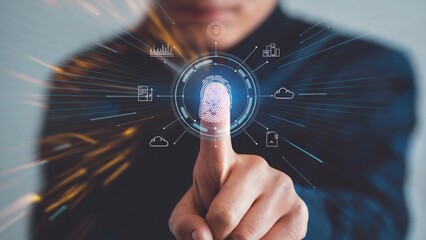 Futuristic touchpoint interaction with glowing fingerprint and interconnected virtual icons for digital connectivity