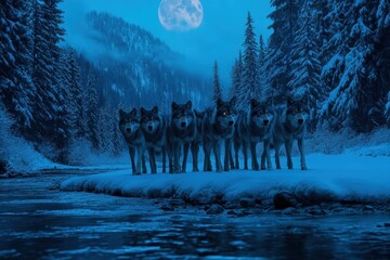Wolves in snowy winter forest under full moon at night