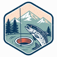 Design a worn, distressed patch depicting a frozen lake with an ice fishing hole, a dangling jig bait, and subtle winter textures.  Include cracked ice and subtle snow details.