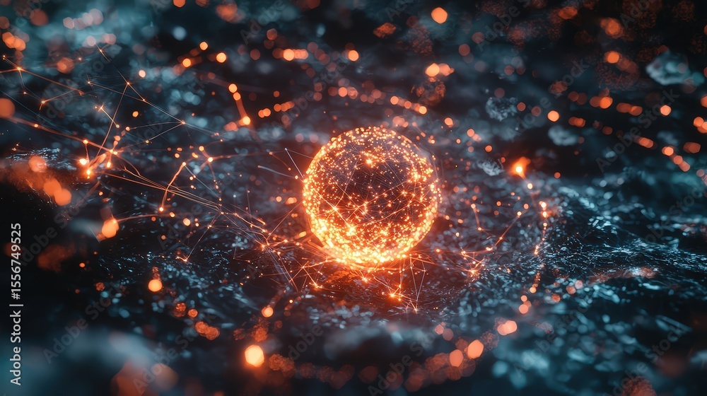 Poster Dynamic orange sphere creating connections in a digital landscape abstract visualization futuristic concept high-tech environment