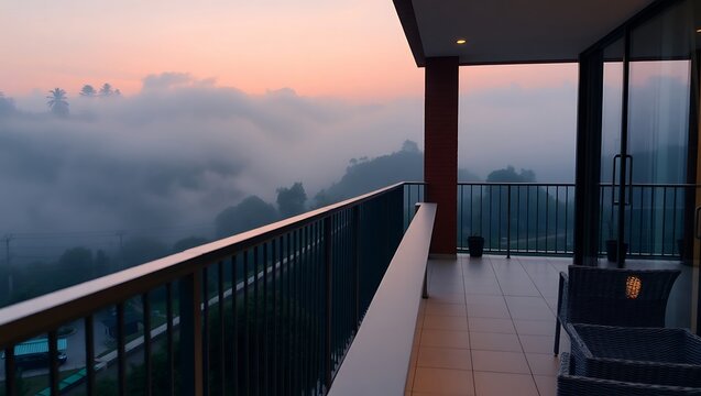 Balcony at dawn with mist in the background, soft ambient lighting