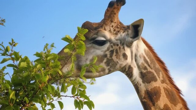 Giraffe Eating Leaf on Top of the Tree