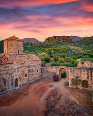 Amazing summer view of Mourtzinos castle. Wonderful morning cityscape of Kardamyli town, municipality of Lefktro in region of Messenia on Mani Peninsula. Sunset in Peloponnese, Greece, Europe.