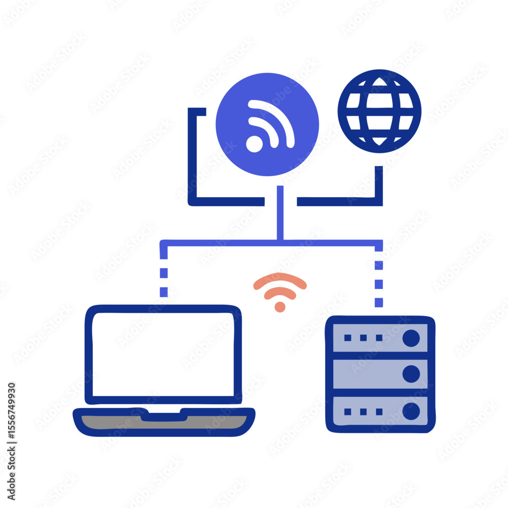 Poster simplified network diagram showing server computer and global connectivity