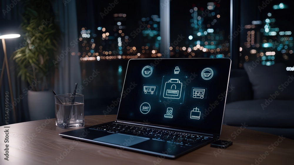 Poster technology-driven business solutions modern office digital interface urban nightscape close-up innov