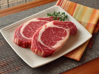 Two raw ribeye steaks on a plate