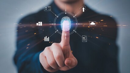 Biometric authentication interface showing fingerprint scan with cloud, graph, and document icons in secure digital network