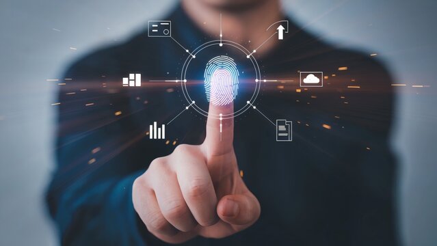 Biometric authentication interface showing fingerprint scan with cloud, graph, and document icons in secure digital network