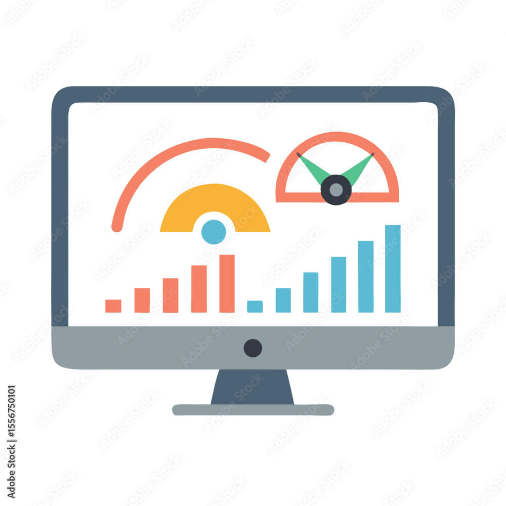 Poster monitor displaying analytics graphs and charts on a white background