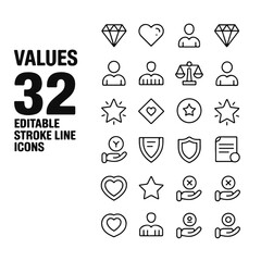 Editable stroke line icons displaying values such as love, diamond, star, people, shield, hand, scales, and document design elements.