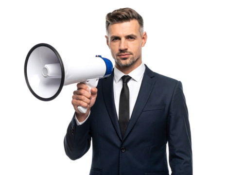 Businessman In Dark Suit Holding White Megaphone On Transparent Background
