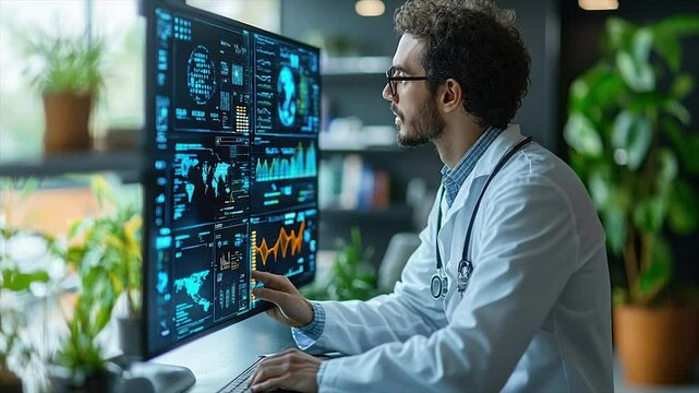 Doctor analyzing data on large screen